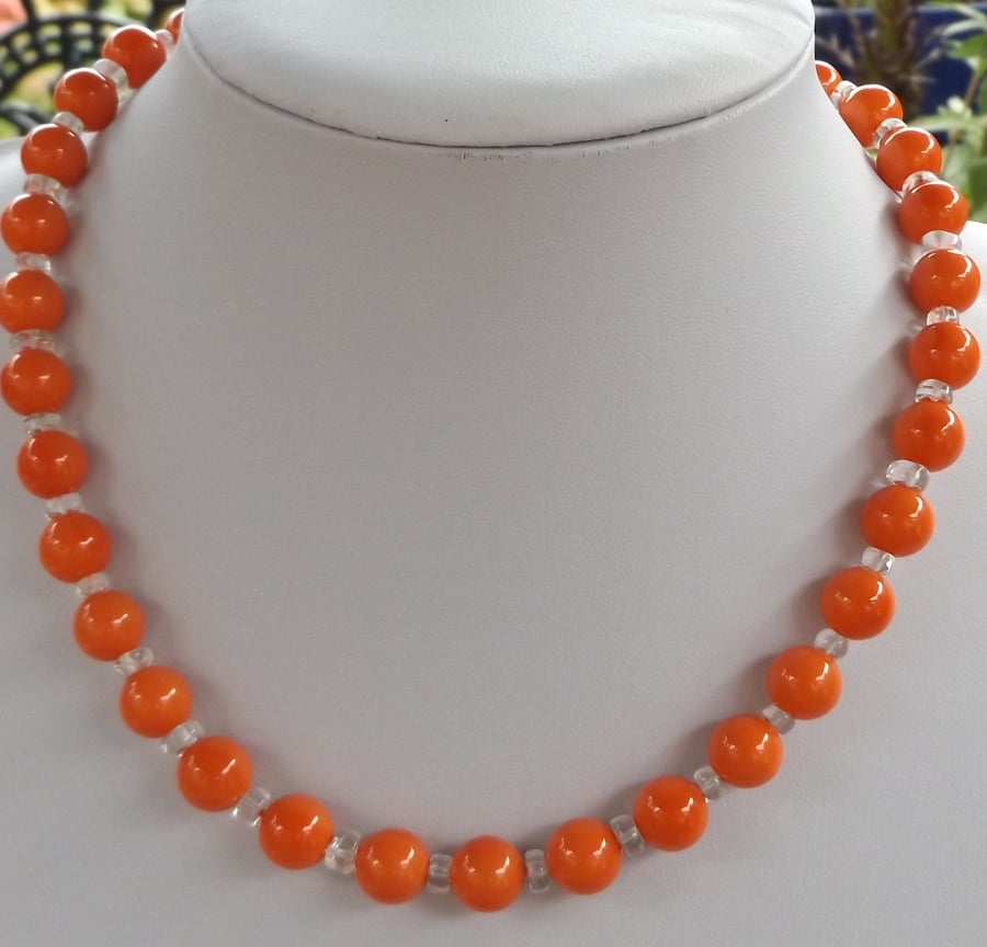 Coral coloured shell pearl and clear quartz 18" necklace 