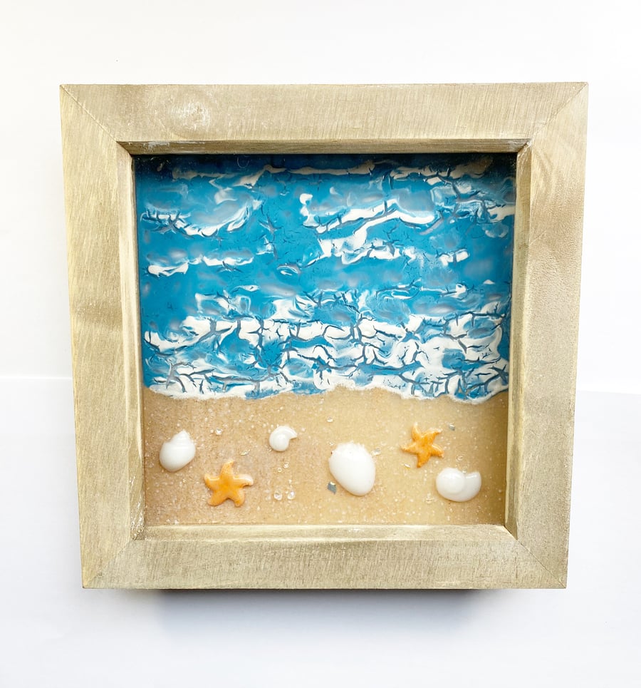 Hand painted kiln fired fused glass sea and beach scene