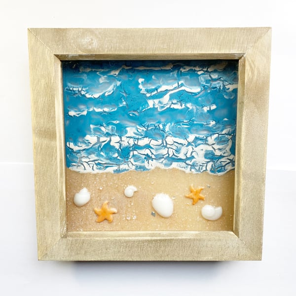 Hand painted kiln fired fused glass sea and beach scene
