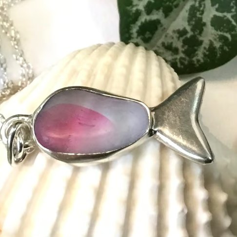 Handcrafted Sterling Silver Seaham Multi Sea Glass Pink Fish Pendant Necklace