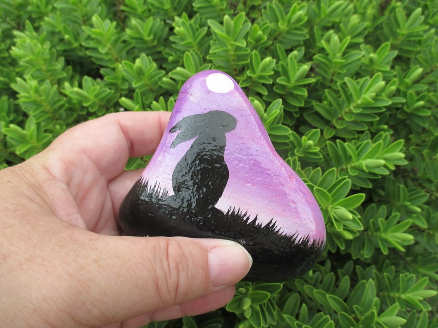 Painted Rock Stone Bunny Rabbit Pet Silhouette Black Stone Pet Purple Moon