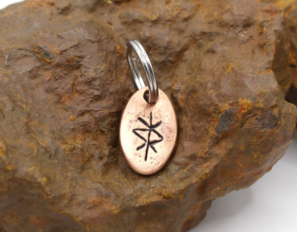 Recycled Oval Copper Protection Bindrune Split Keyring Charm, Bag Charm.