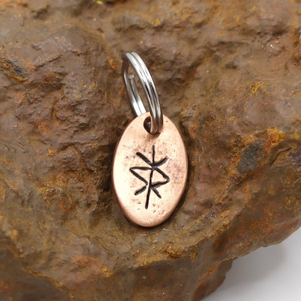 Recycled Oval Copper Protection Bindrune Split Keyring Charm, Bag Charm.