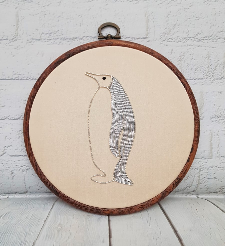 Goldwork Penguin Embroidery Hoop
