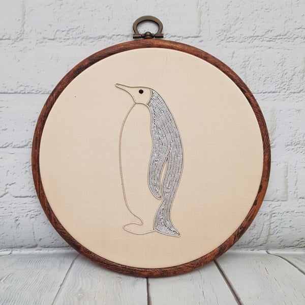 Goldwork Penguin Embroidery Hoop