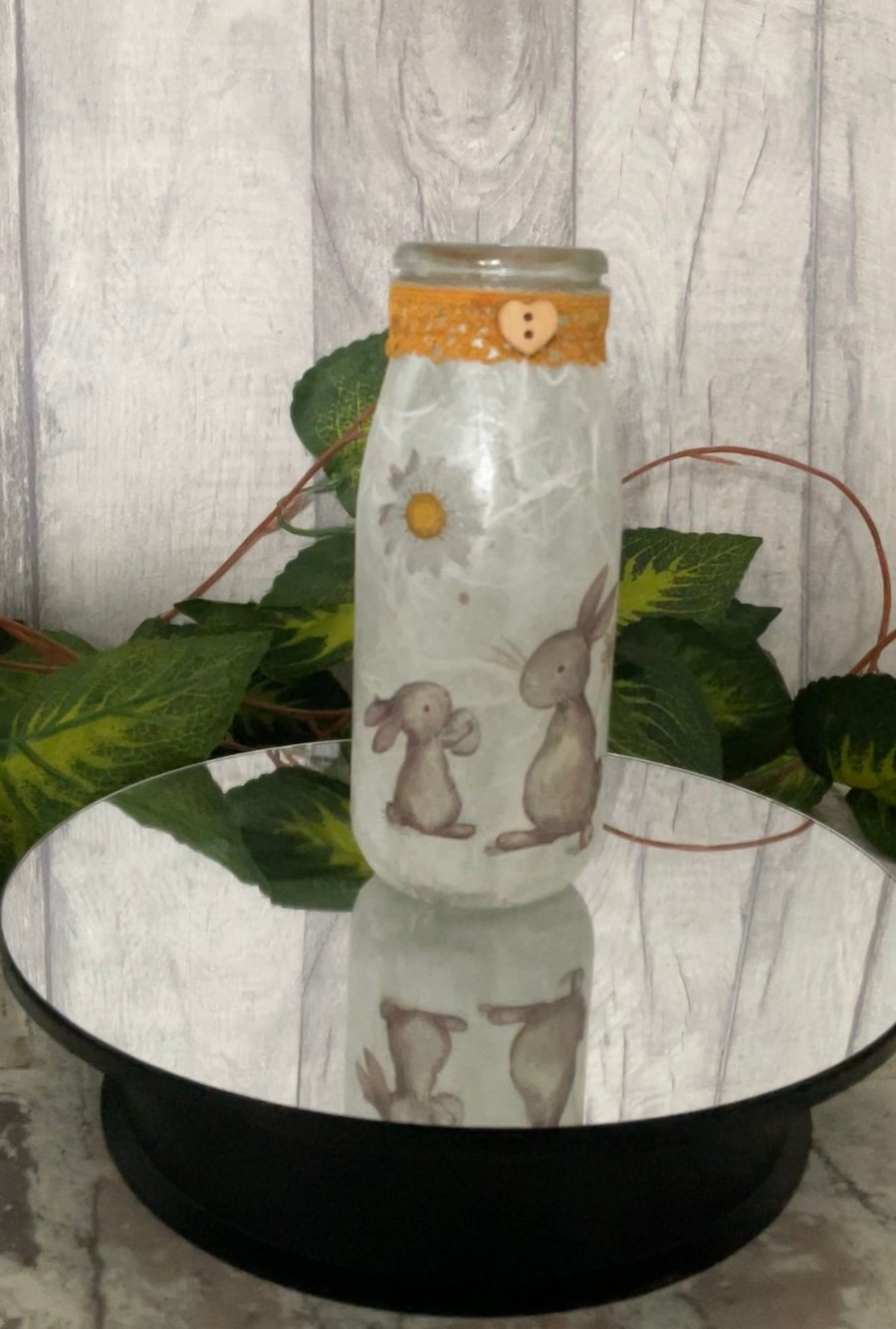 Decoupaged Mini Milk Bottle Vase. Rabbit Bunny gift.