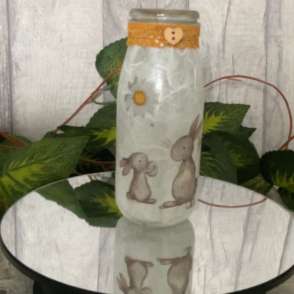 Decoupaged Mini Milk Bottle Vase. Rabbit Bunny gift.