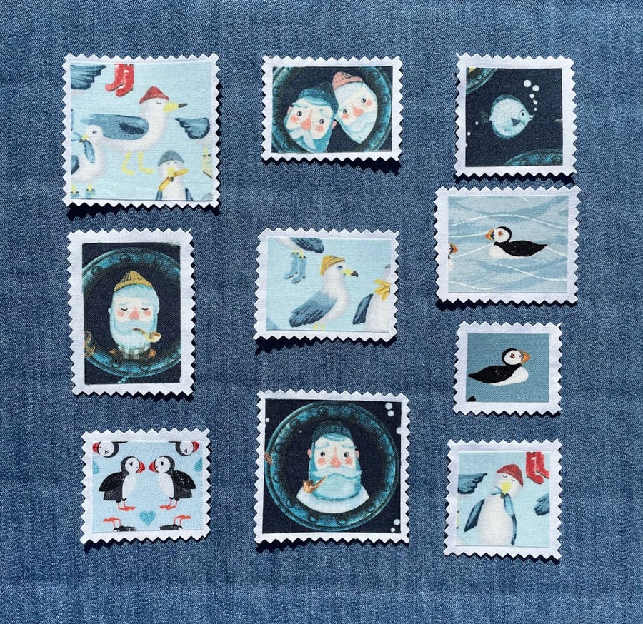 Fabric Postage Stamps - Fishermen & Seagulls 