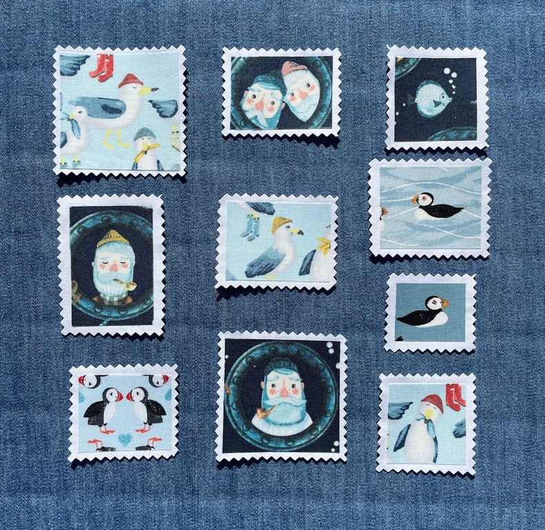 Fabric Postage Stamps - Fishermen & Seagulls 