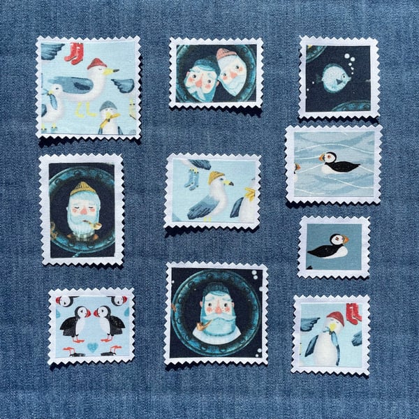 Fabric Postage Stamps - Fishermen & Seagulls 
