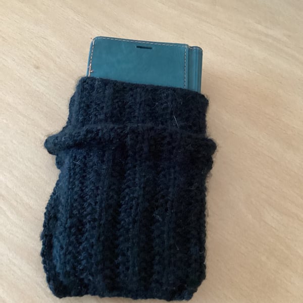 MOBILE PHONE SLEEVE 8x3.5" or 20x9cm HAND KNITTED IN BLACK YARN