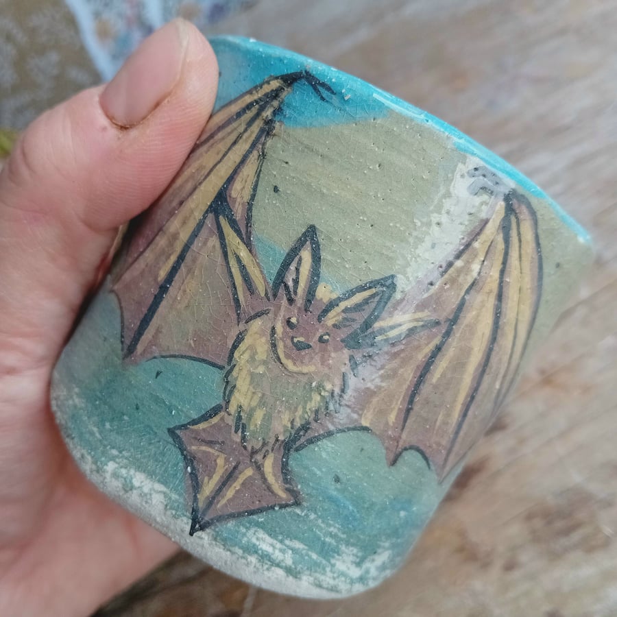 Bat cup, hand painted earthenware ceramic wood fired, organic shape