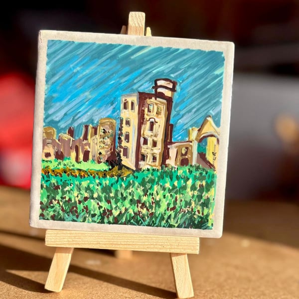 Landscape Art Decorative Tile – Handcrafted Drawing on Tile with Stand