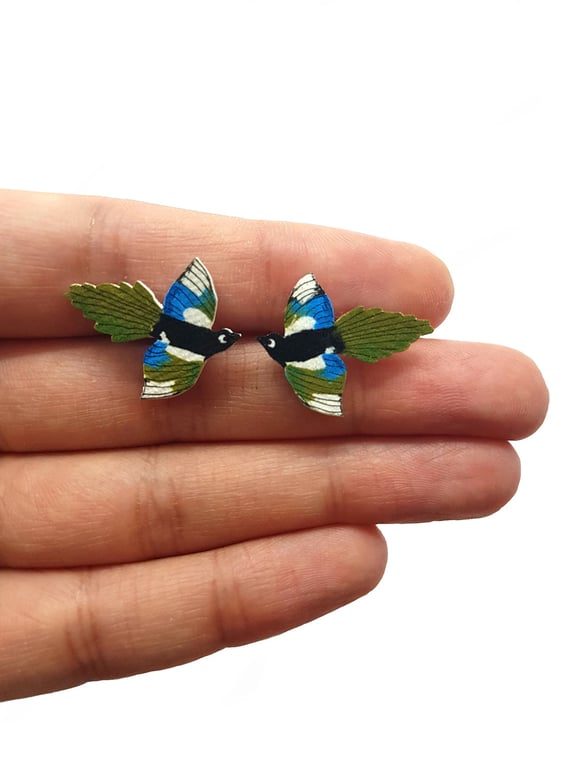 Magpie Stud Earrings - Handcoloured - Bird Earrings