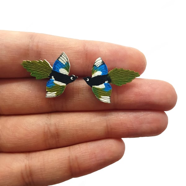Magpie Stud Earrings - Handcoloured - Bird Earrings