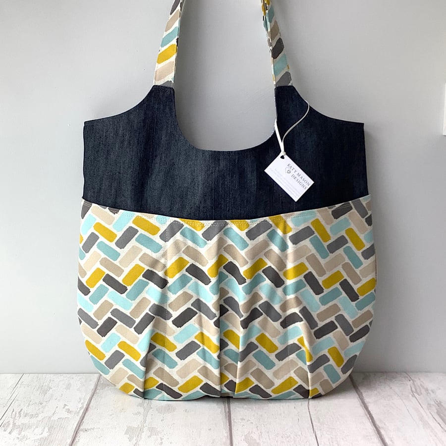Relaxed Tote Bag - Teal and Yellow - Slouchy Tote