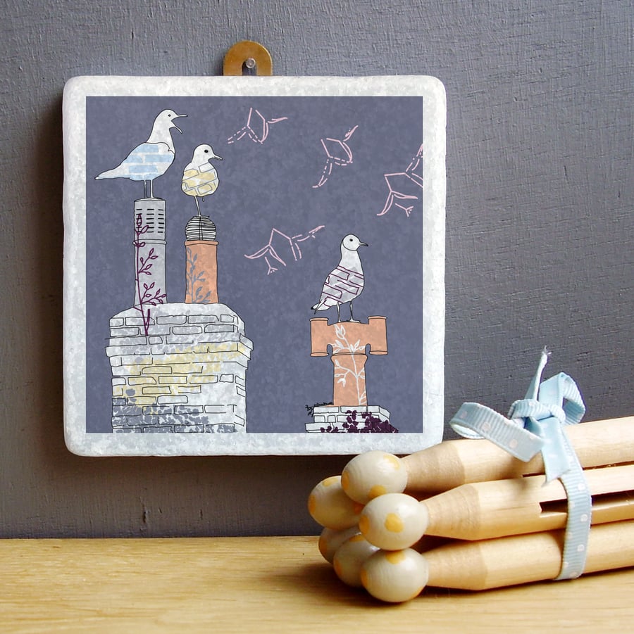 Seagulls and Chimney Pots Marble Wall Art
