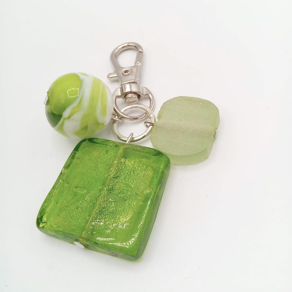 Green and White Round Bead Green Square Bead and Frosted Green Bead Bag Charm