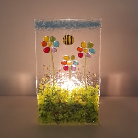 Fused Glass Rainbow Daisies Tealight Holder 