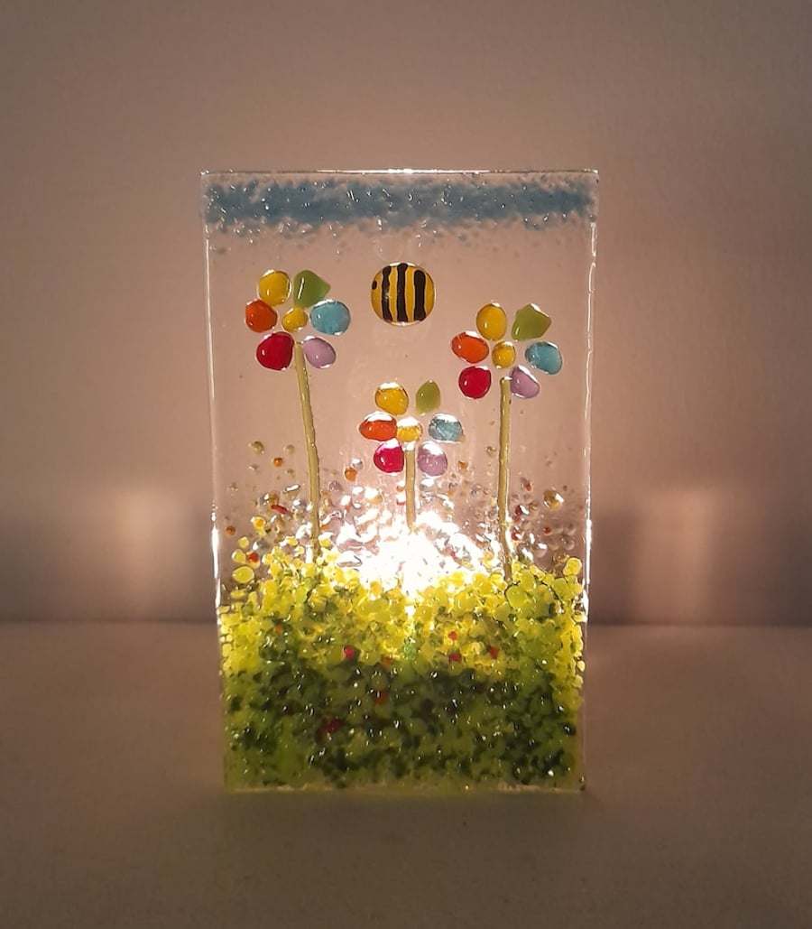 Fused Glass Rainbow Daisies Tealight Holder 