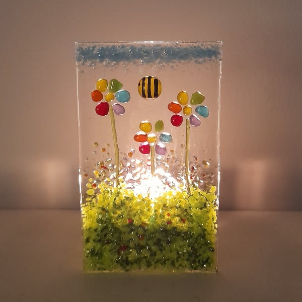 Fused Glass Rainbow Daisies Tealight Holder 