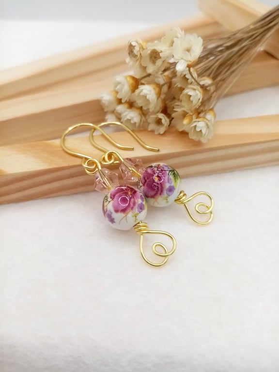 Rose Flower Ceramic Porcelain Drop Earrings, Plum Rose Drop Earrings