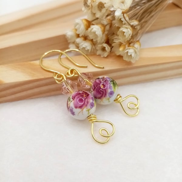 Rose Flower Ceramic Porcelain Drop Earrings, Plum Rose Drop Earrings