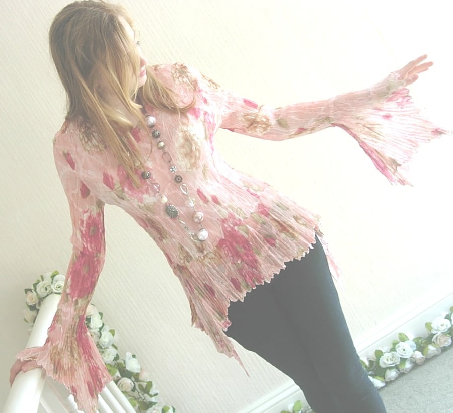 SOLD - Crinkle Top Pink Floral Long Sleeves UK Size 8