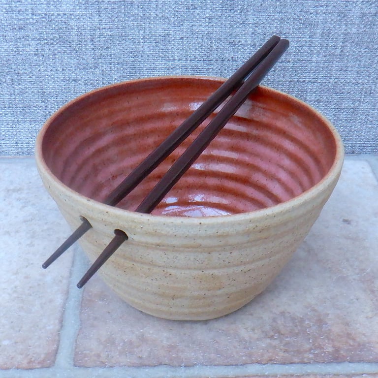 Hand thrown stoneware ceramic ramen noodle bowl in raspberry pink glaze 