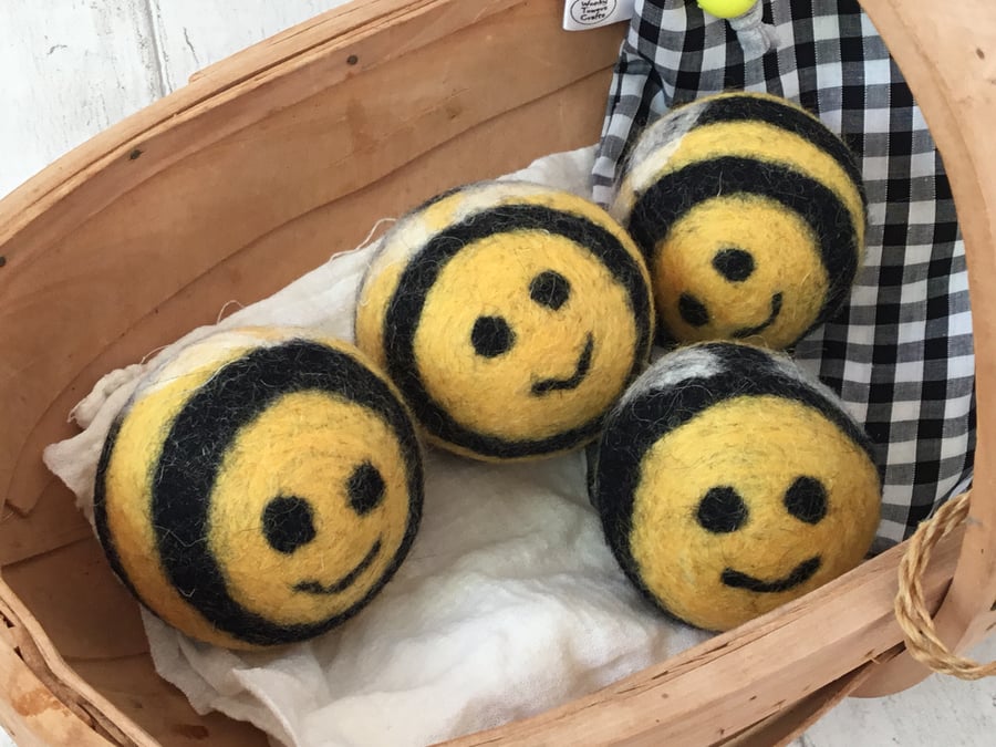 Bumble bee design Tumble dryer balls made from waste and felted wool. 