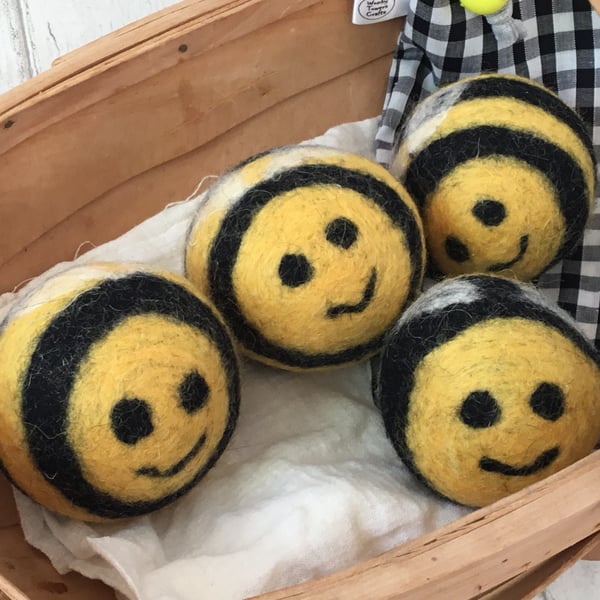 Bumble bee design Tumble dryer balls made from waste and felted wool. 