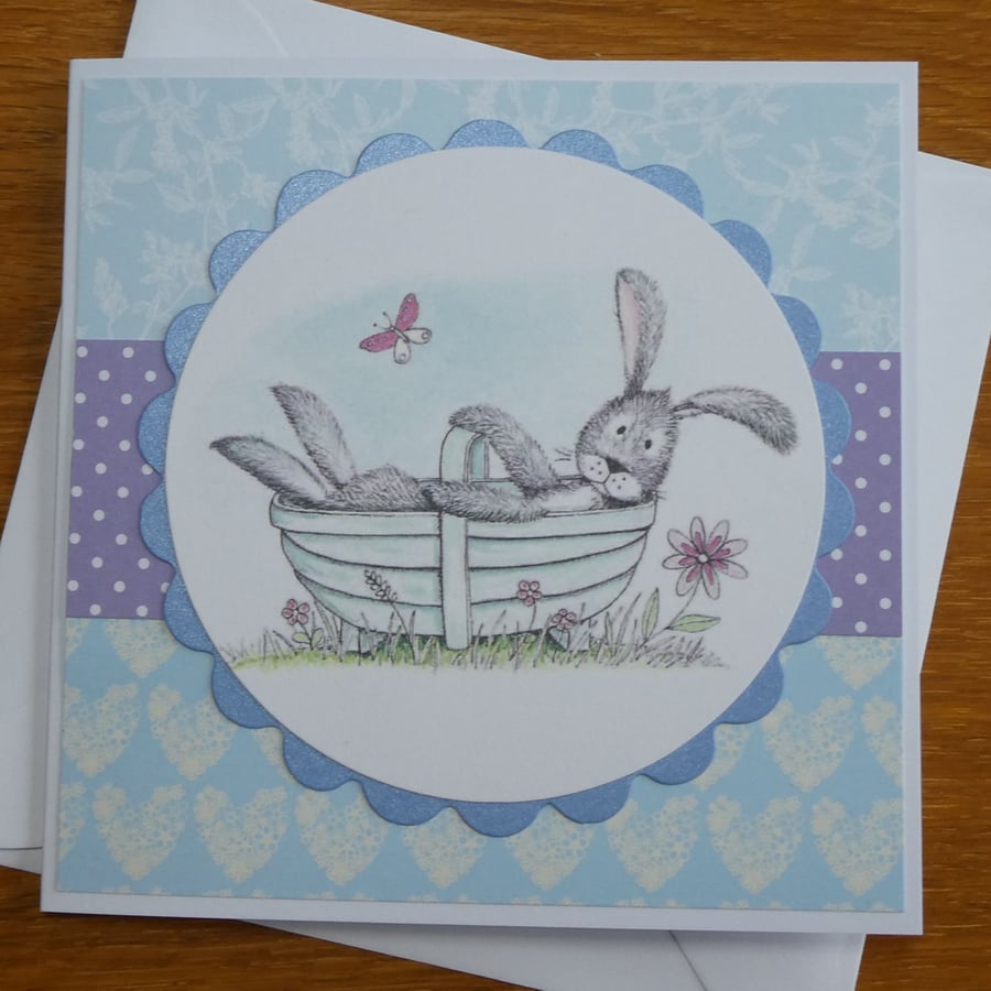 Blank Card - Rabbit in Trug - Birthday, Easter, Get Well