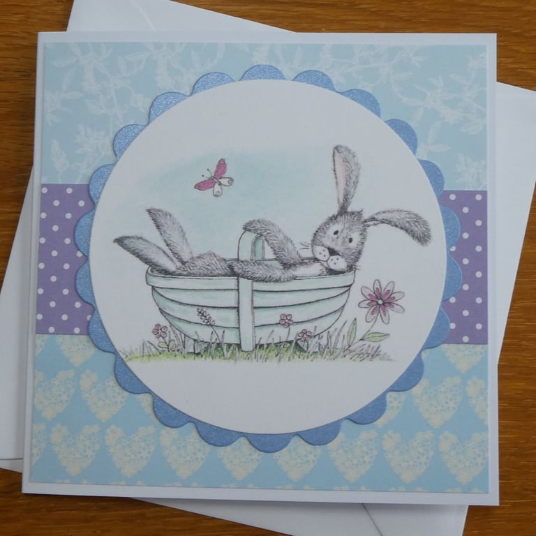 Blank Card - Rabbit in Trug - Birthday, Easter, Get Well