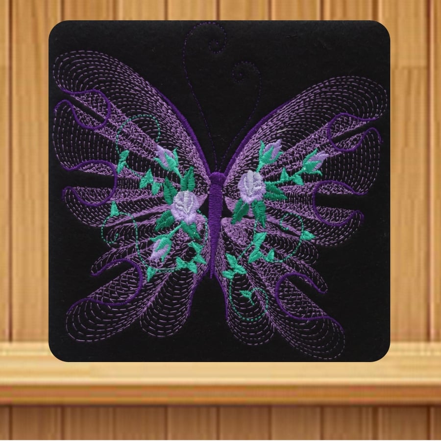Purple Butterfly greetings card (with option to personalise) embroidered design 
