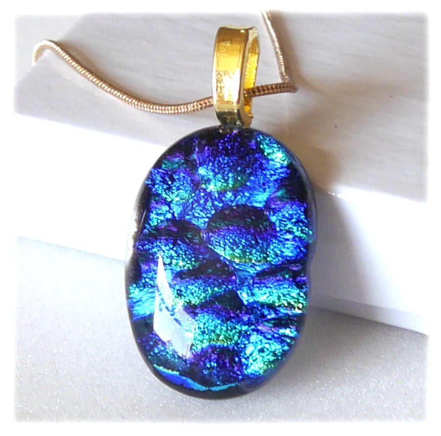 Dichroic Glass Pendant 220 Blue Aqua Bubbles Handmade with gold plated chain