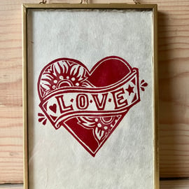 Framed Original Floral Heart ‘love’ Lino Print 