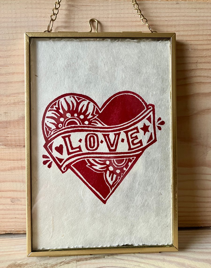 Framed Original Floral Heart ‘love’ Lino Print 