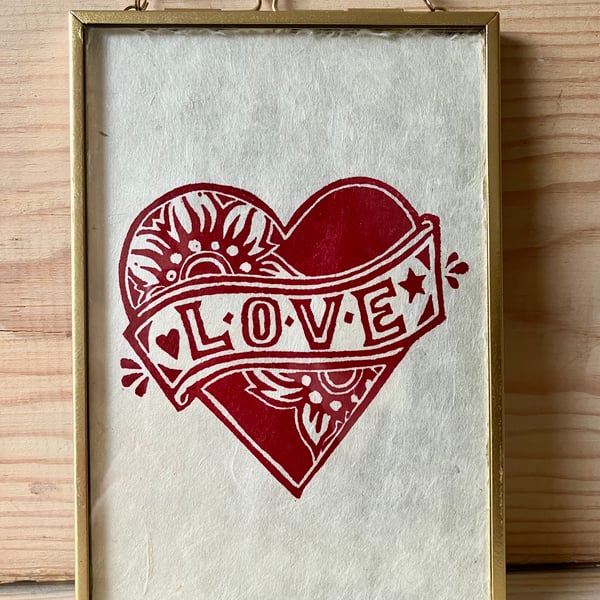 Framed Original Floral Heart ‘love’ Lino Print 