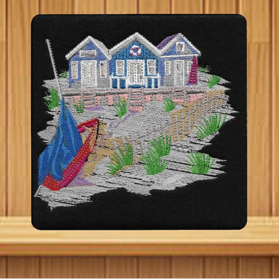 Handmade Beach Chalets greetings card (with option to personalise) embroidered 
