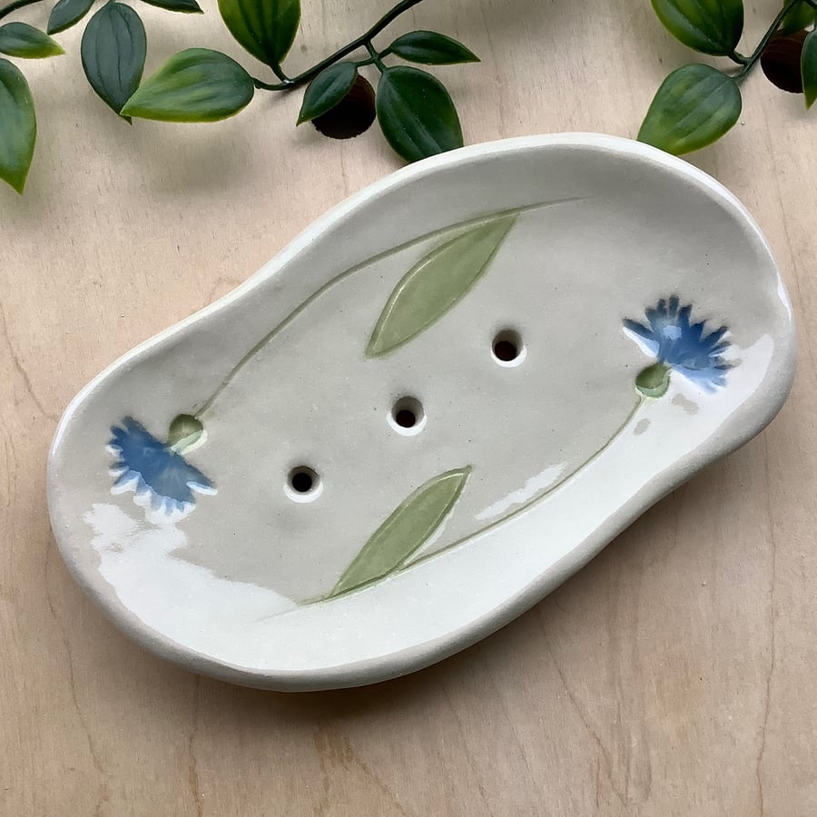 Handmade stoneware Cornflower flower soap dish