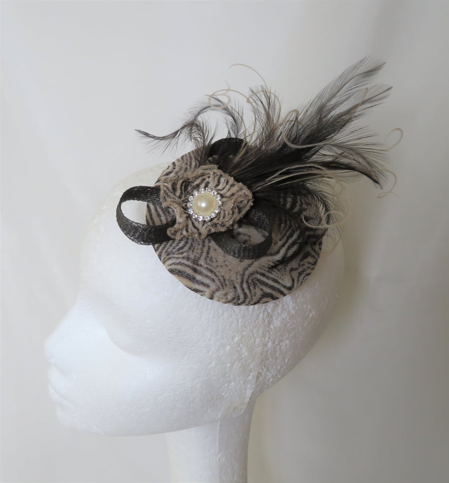 Nude & Brown Animal Print Cocktail Percher Hat Fascinator Pearl Mini Headpiece