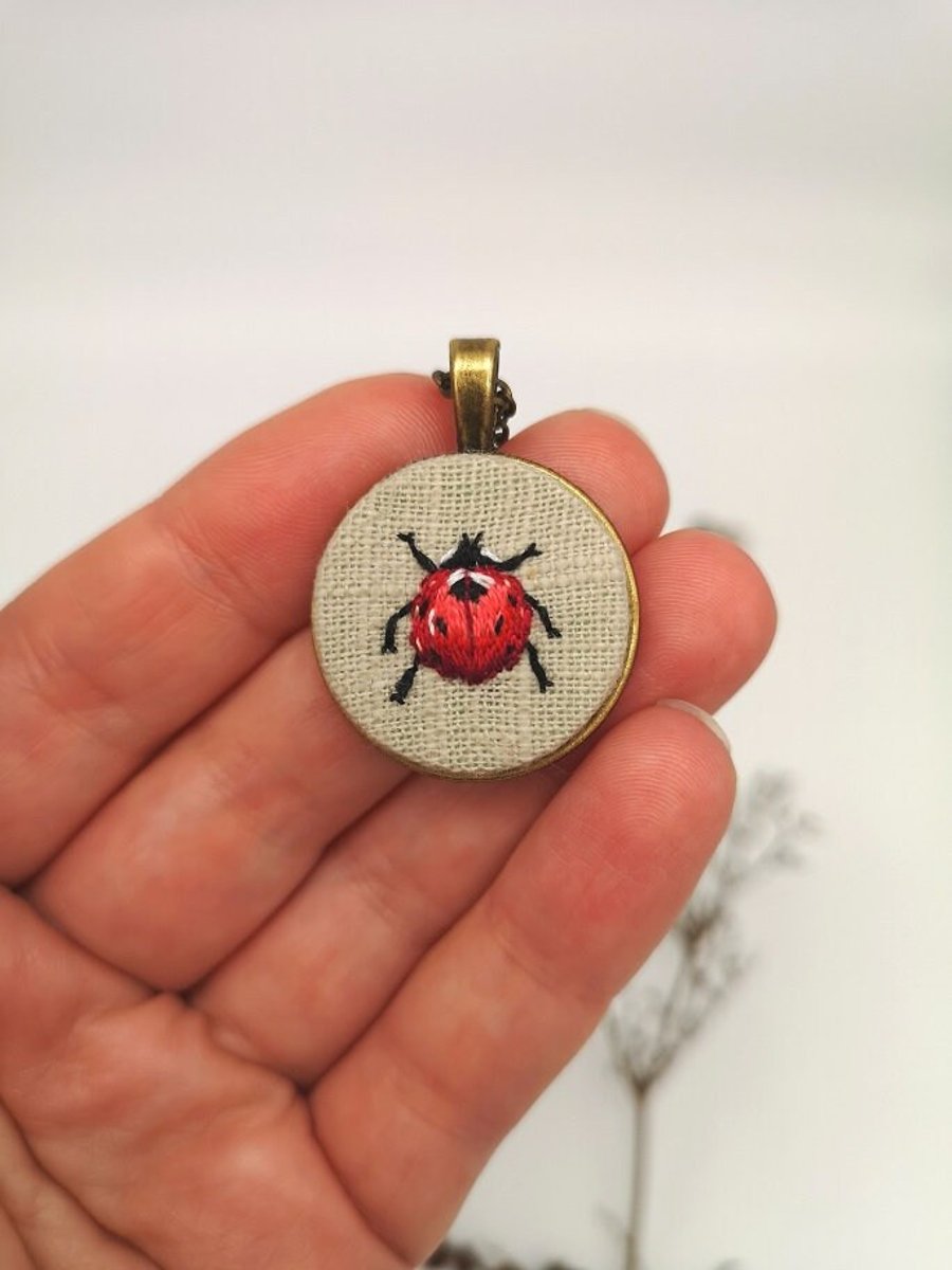 Hand Embroidered Ladybird Pendant Necklace