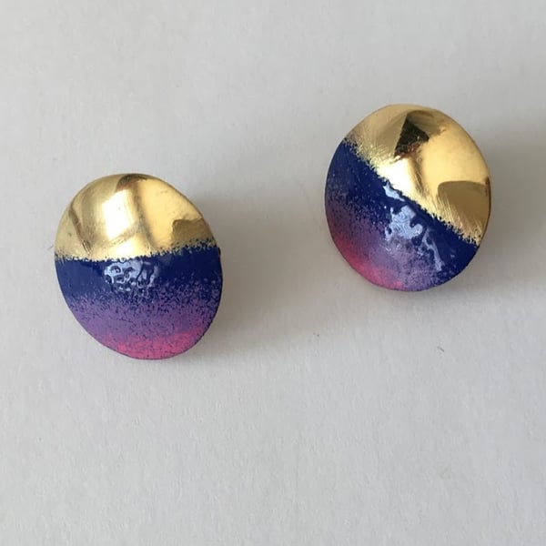 Brass & Blue Enamel Round Stud Earrings