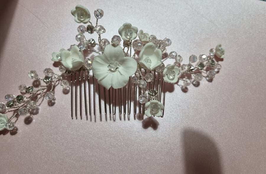Hand carved floral hair comb with swarovski crystals and rhinestones 