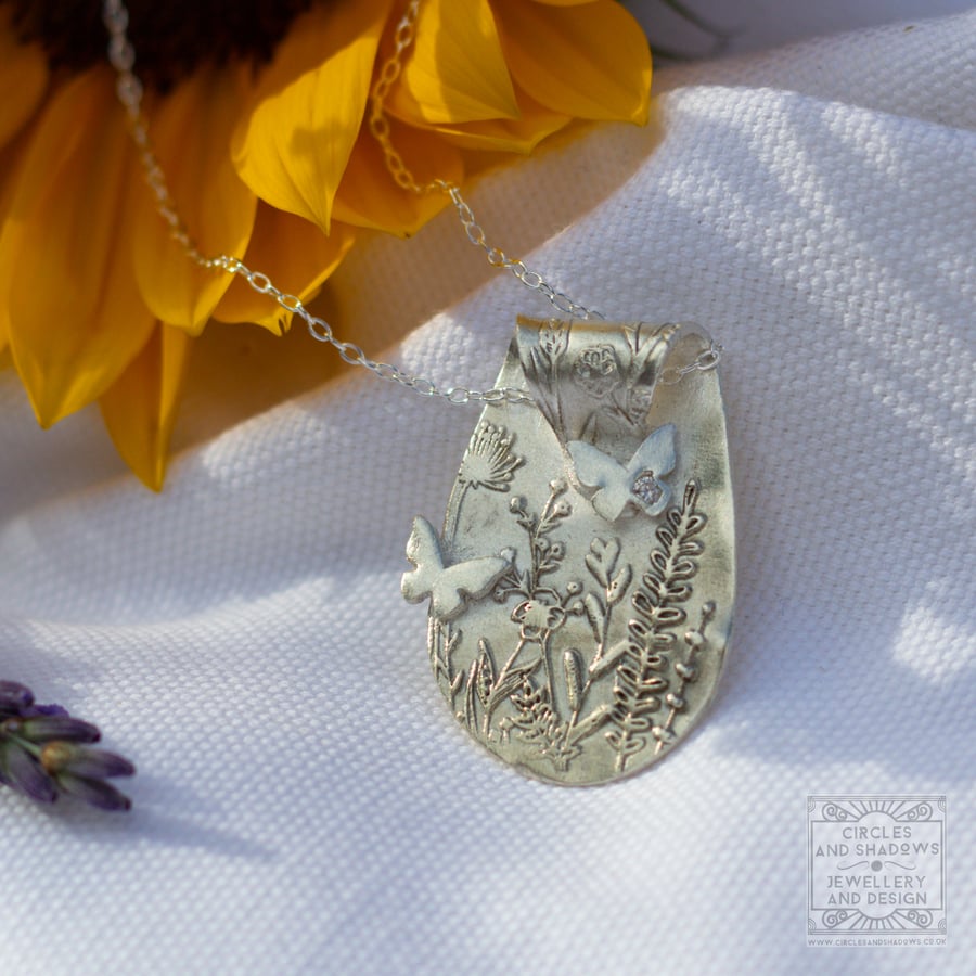 Meadow Nature theme Pendant Necklace with Butterflies Hallmarked Fine Silver 