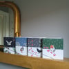 4 Winter Scenes Christmas card, Blackbird, Robin, Barn owl, Red-legged partridge