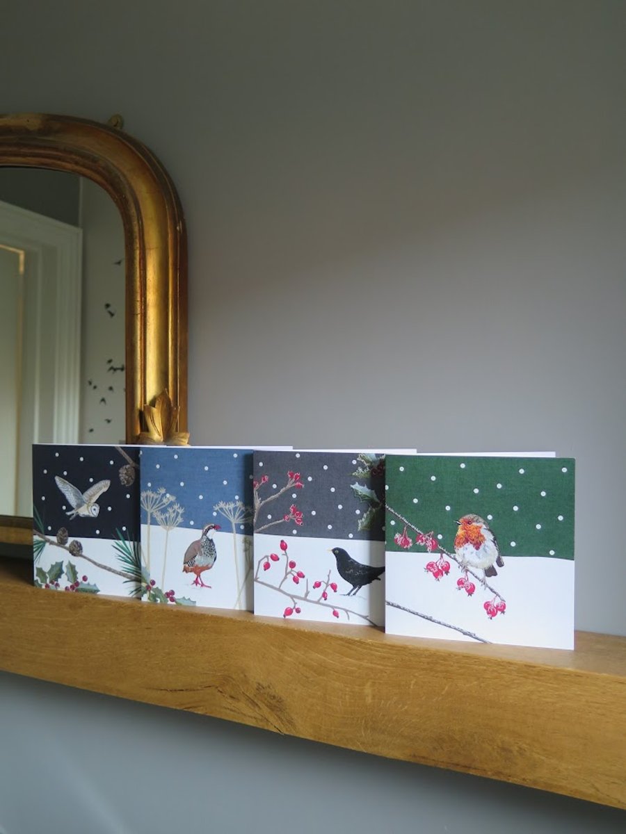 4 Winter Scenes Christmas card, Blackbird, Robin, Barn owl, Red-legged partridge