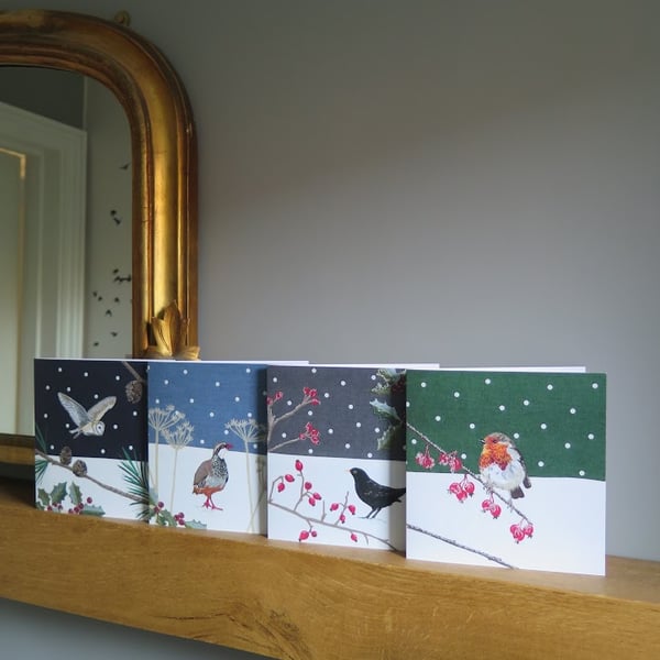 4 Winter Scenes Christmas card, Blackbird, Robin, Barn owl, Red-legged partridge