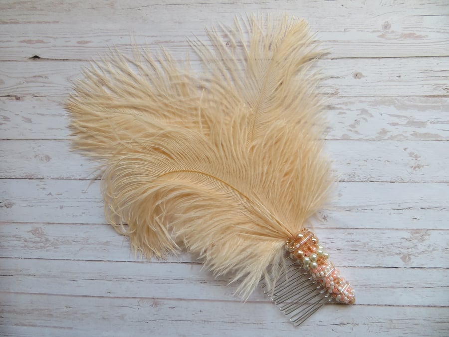 Pale Blush Peach Bridgerton Regency Inspired Feather Beaded Hair Comb 