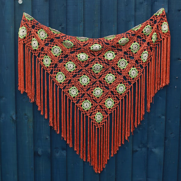 Crochet triangular shawl in sparkly gold, lime and burnt orange - design LF433